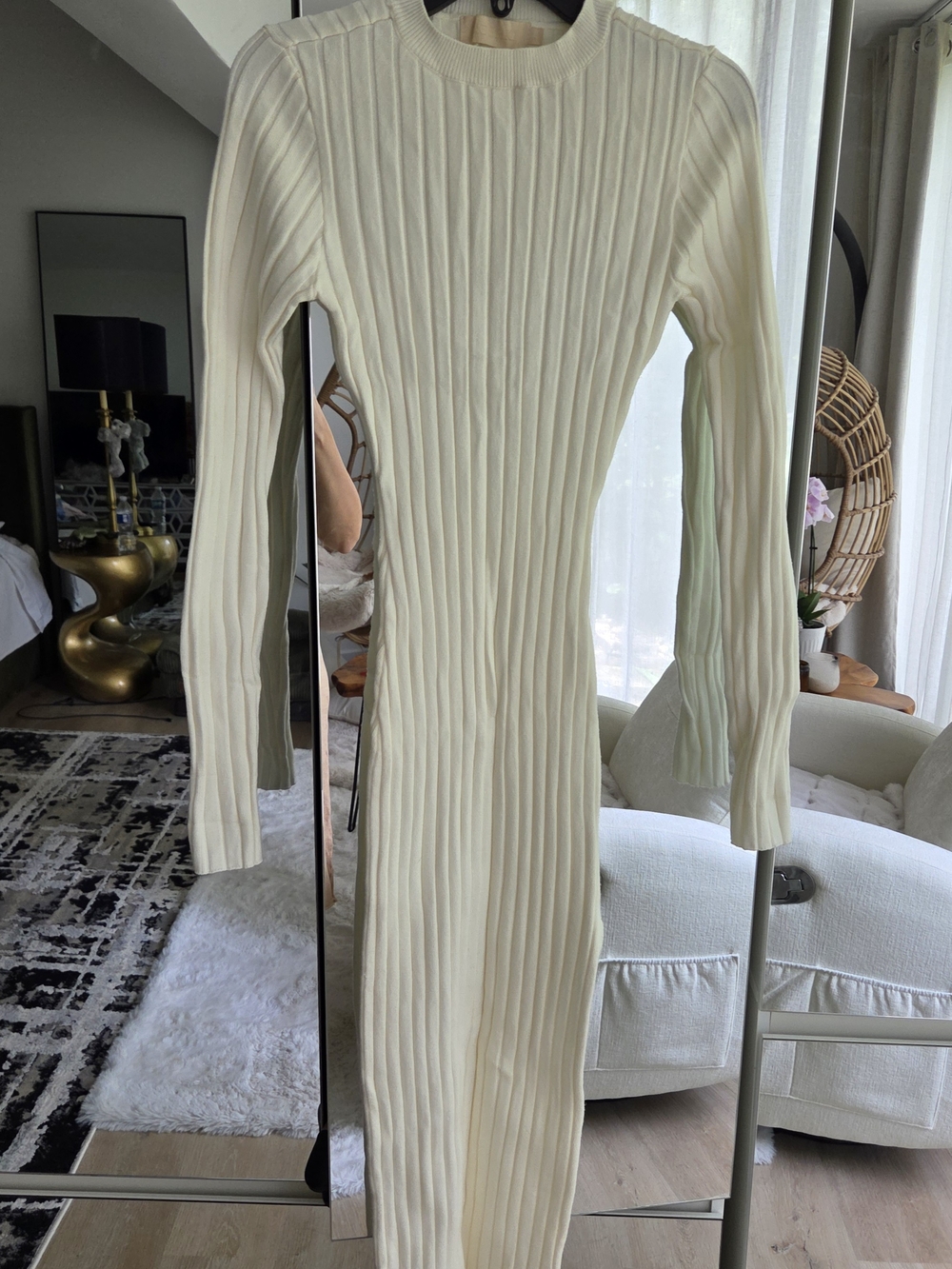 Meshki Cream Ribbed Long Sleeve Midi Knit Dress